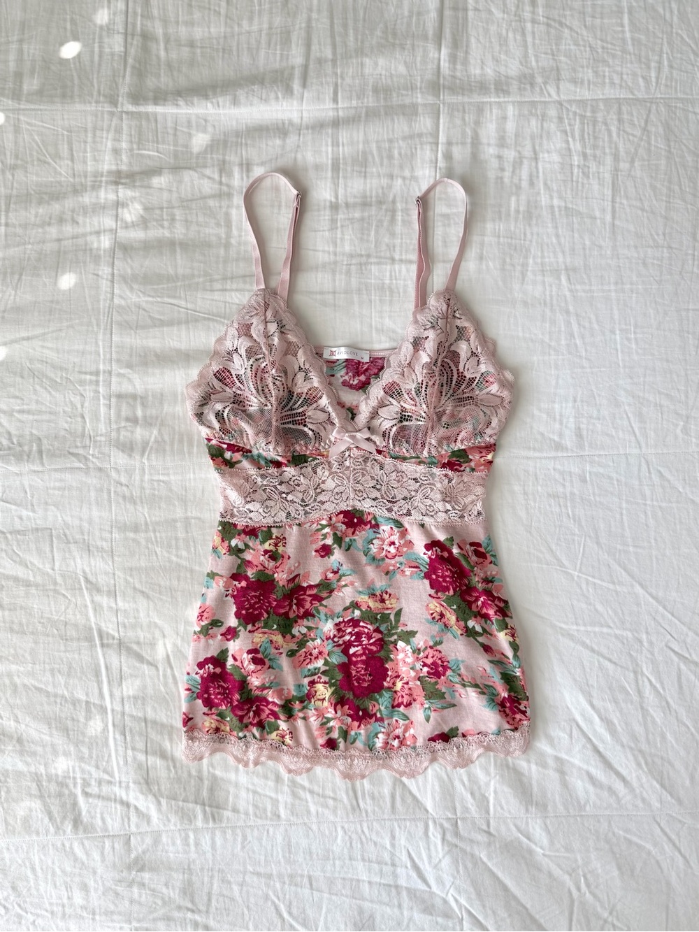 Avid Love Pink Floral Print Embroidered Lace Babydoll Cami w/ Bowtie Size M
